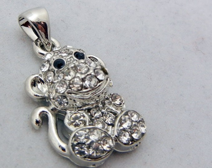 Rhinestone Monkey Pendant Silver-tone