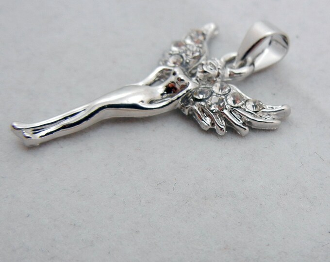 Rhinestone Winged Fairy Pendant Silver-tone