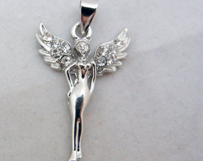 Rhinestone Winged Fairy Pendant Silver-tone