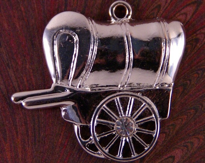 Silver-tone Stagecoach Charm with Rhinestone on Wheel
