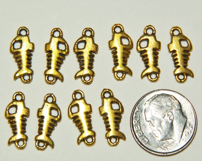 10 Small Gold-tone Double Link Fish Bone Skeleton Charms