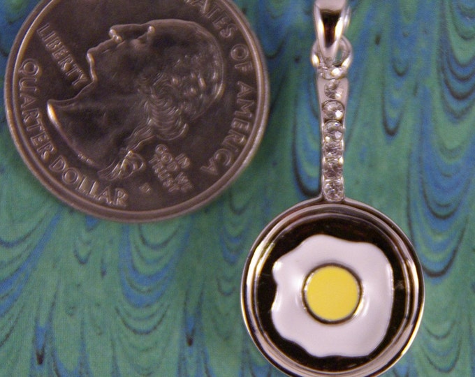 Fried Egg in Pan with Rhinestone Handle Pendant Silver-tone