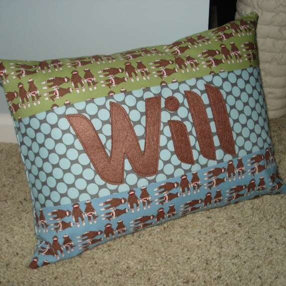 Sock Monkey Personalized Pillow by tedandlucy on Etsy