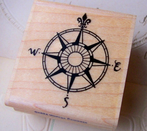 Old style compass rose wood mounted rubber stamp X 1