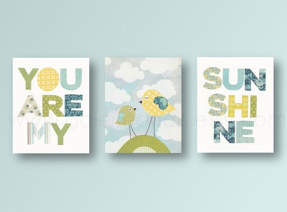 baby boy nursery decor nursery art decor Kids art yellow green bleu bird nursery art cloud words - Set of 3 Prints - You Are My Sunshine by GalerieAnais