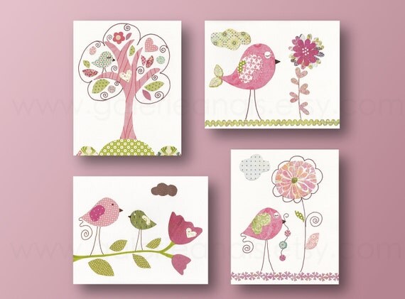 Baby Girl nursery Decor Birds Nursery art baby nursery wall art kids wall art children's room decor flower tree Pink green - Set of 4 prints by GalerieAnais