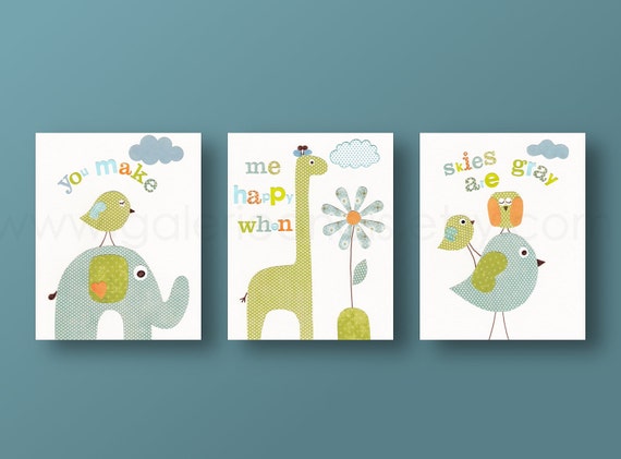 Nursery art baby Boy nursery Decor Nursery wall art baby art giraffe nursery owls nursery bird elephant nursery - You Make Me Happy by GalerieAnais