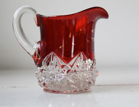 antique ruby glass pitcher / ruby red flash and cut crystal