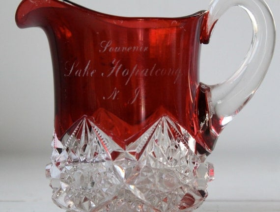 antique ruby glass pitcher / ruby red flash and cut crystal