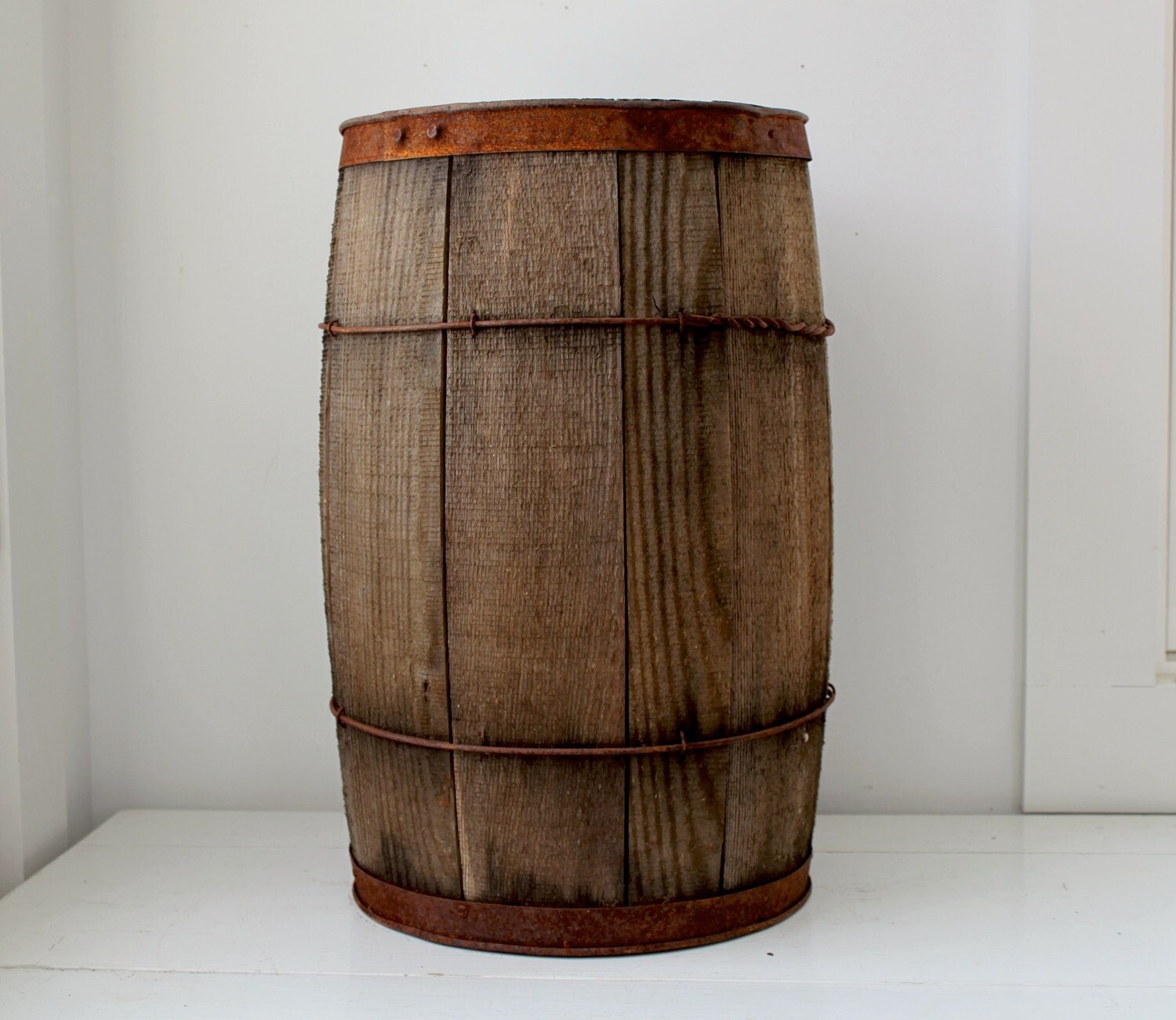 RESERVED for mudfish5. vintage primitive wooden nail barrel.