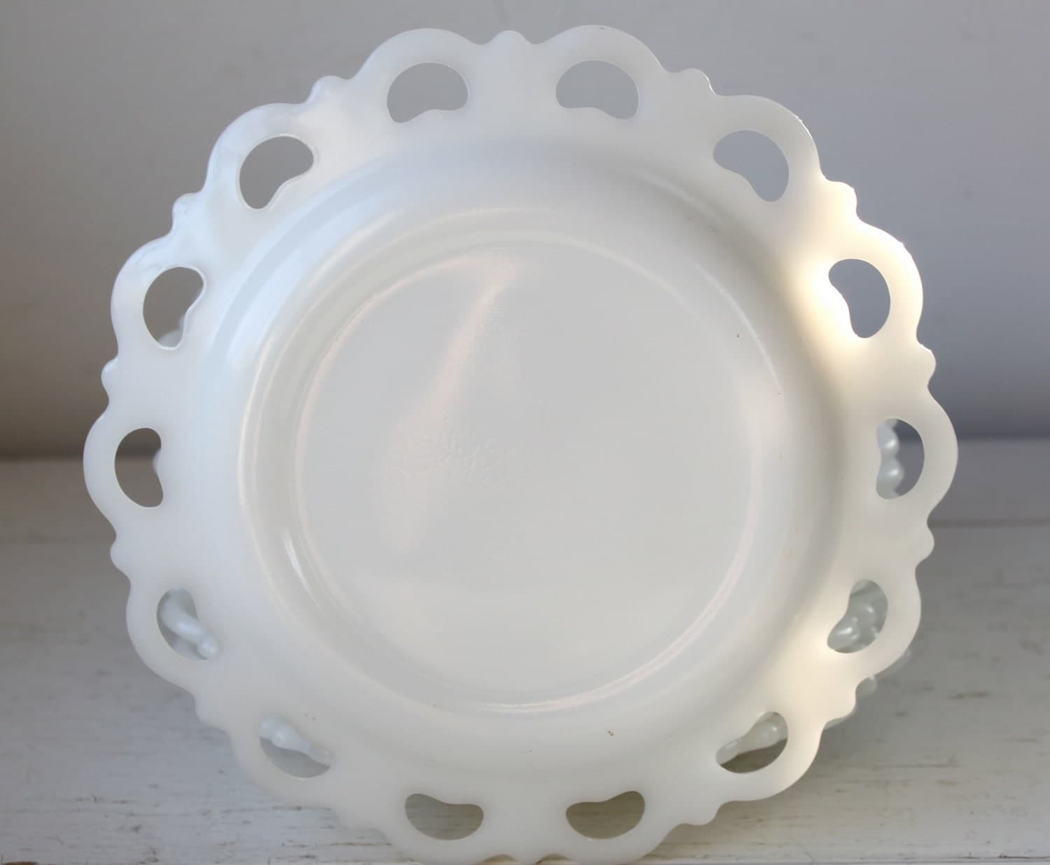 SALE vintage milk glass plates. Anchor Hocking Lace Edge salad