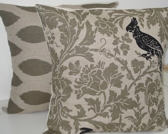 TWO New 18x18 inch Designer Handmade Pillow Cases in black, green grey floral and bird and Ikat set.