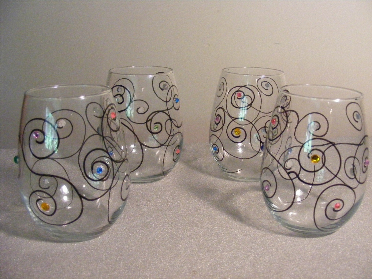 set of 4 painted stemless wine glasses with by DelightfulFinds