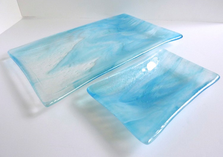 Fused Glass Platter in Turquoise and White by BPRDesigns on Etsy