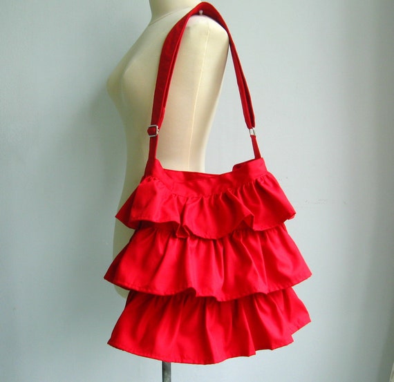 Sale - Red Cotton Twill Ruffle Bag, messenger bag, diaper bag, tote ...