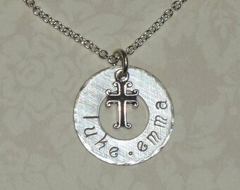 Personalized Cross Necklace, Name with a Cross Hand Stamped Sterling Silver Washer Necklace - Religious Jewelry - Christian Necklace