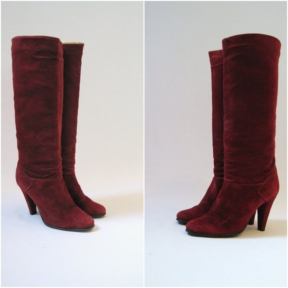 80s Boots Vintage Burgundy Suede Hippie Boho Knee High 7