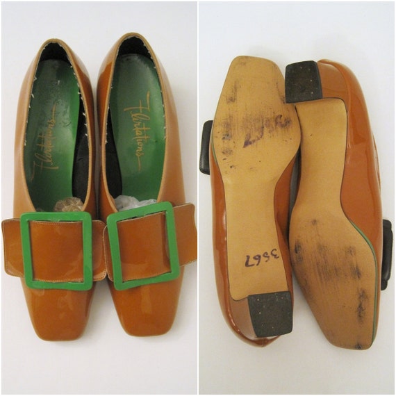 60s Shoes Vintage MOD Mustard Green Patent Pilgrim Buckle
