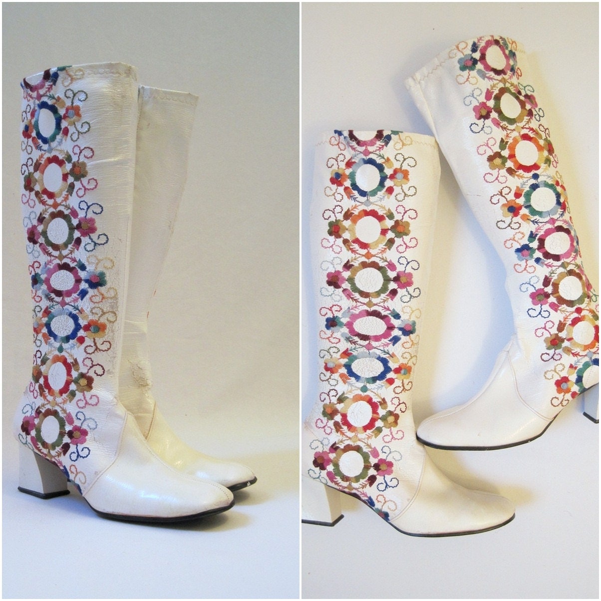 60s 70s Hippie Vintage Gogo Boots Knee High Embroidered White