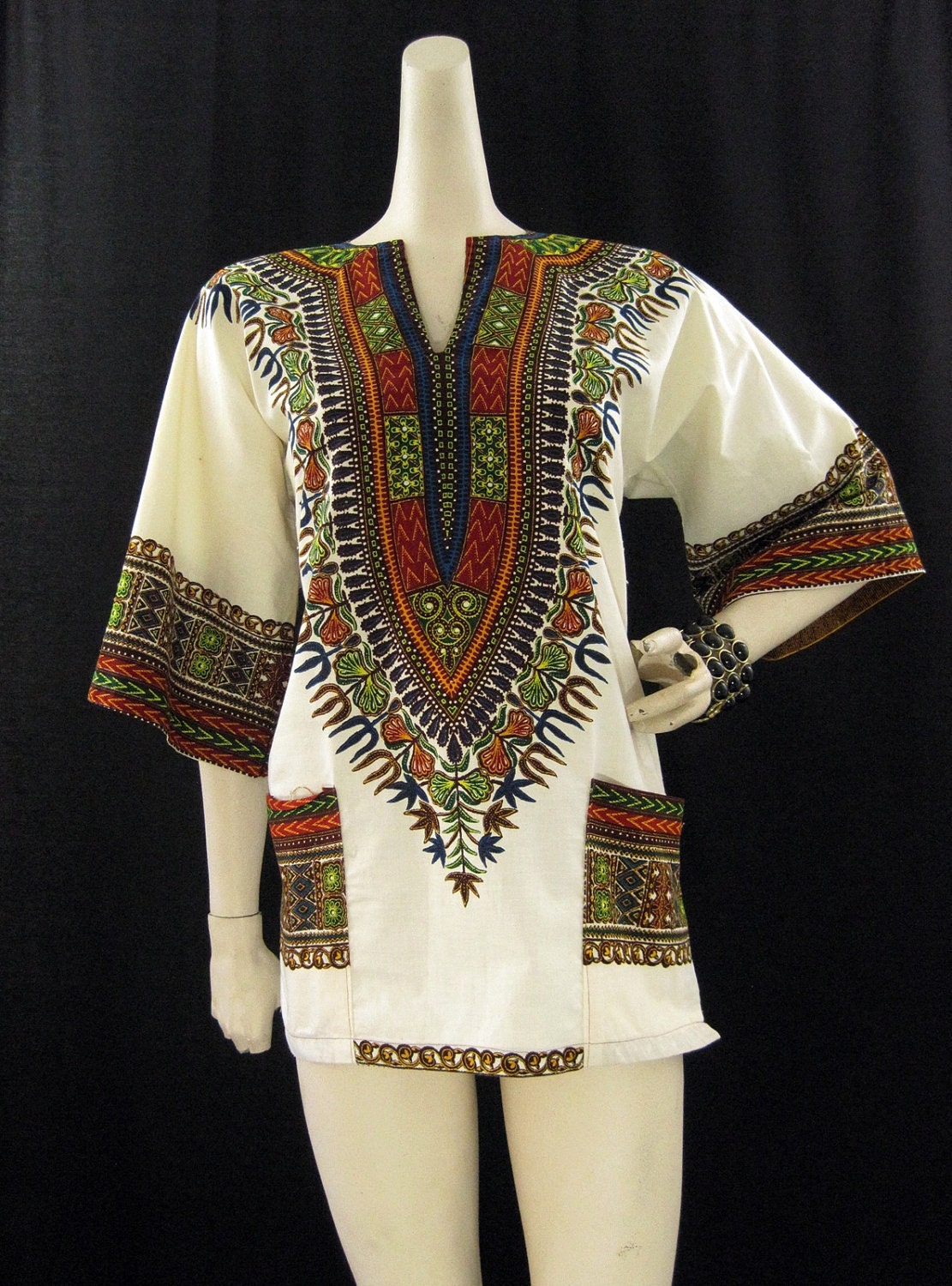 60s Top Vintage Hippie Boho Dashiki African Print Shirt M L