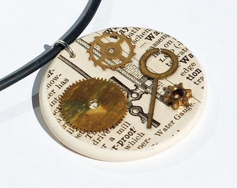 Steampunk Jewelry- Brass Gear Necklace on Rubber Cord, Dictionary Necklace, Pendant Necklace, Steampunk Necklace, Steampunk Choker Necklace