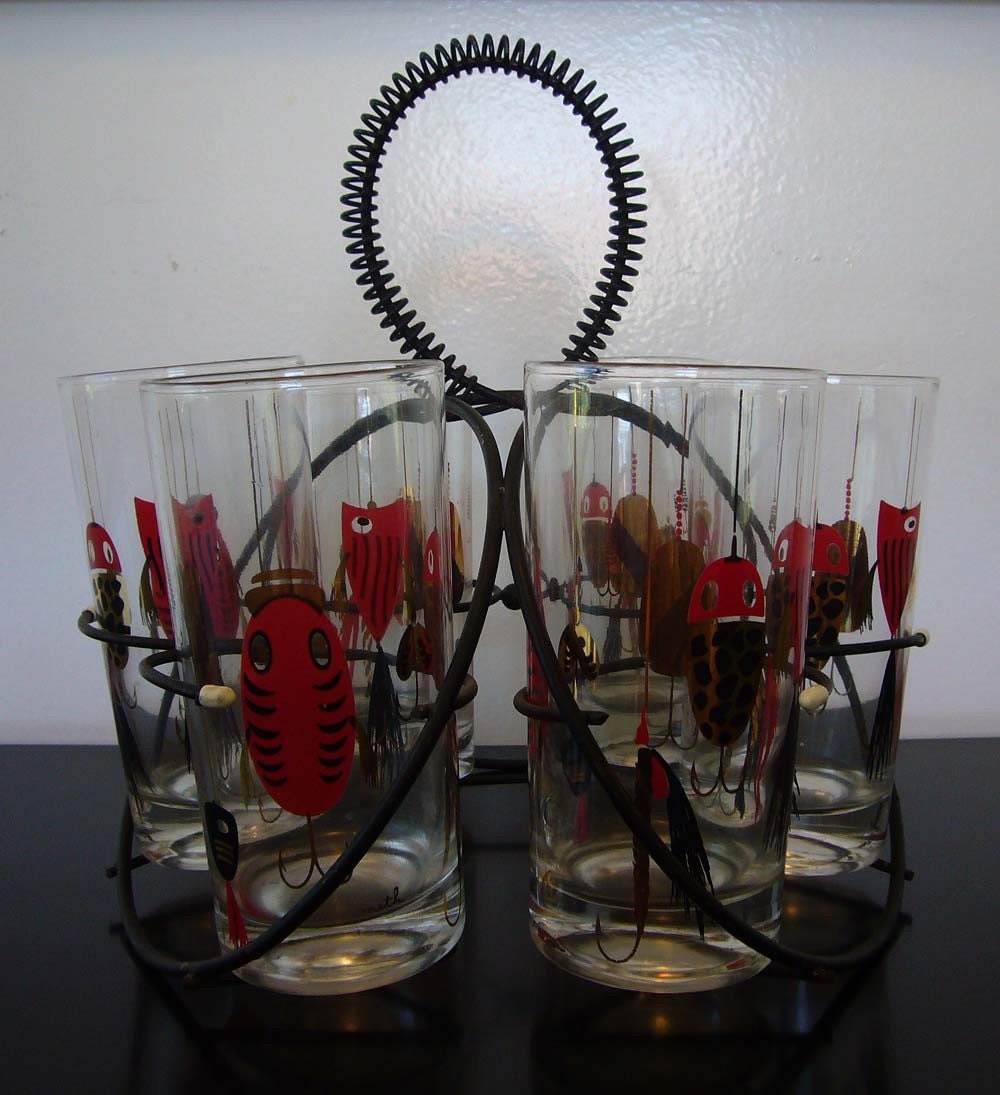 Vintage 50's Novelty Fishing Lures Drinking Glass by eyeformodern