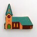 Church Brooch - Lapel Pin // Teal Green - Orange - Brown // Upcycled 1950s Dutch Wood Puzzle Piece