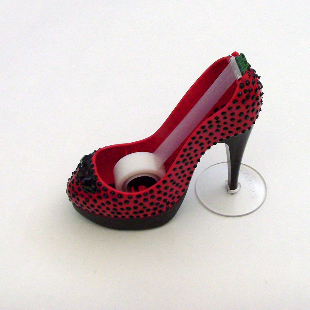 Stiletto Shoe Tape Dispenser / Black Polka Dots on Red