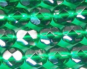 Czech Firepolish Beads 6mm Emerald Green 17480 Round Beads, Faceted Glass Beads, Green Beads, Transparent Beads Preciosa Jablonex
