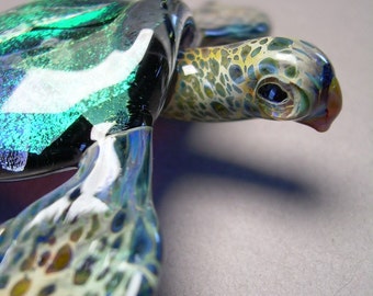 Sea Turtle Sculpture made with blue and green dichroic coloring in the glass shell