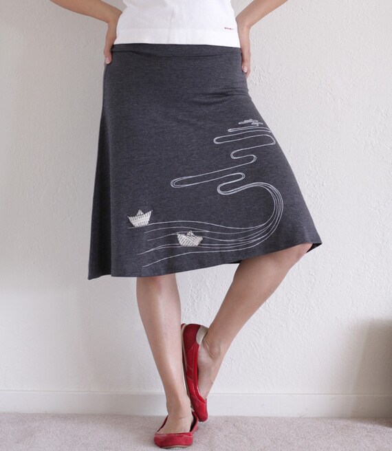 Handmade appliqué Jersey A-line skirt . Grey Knee Length Skirt