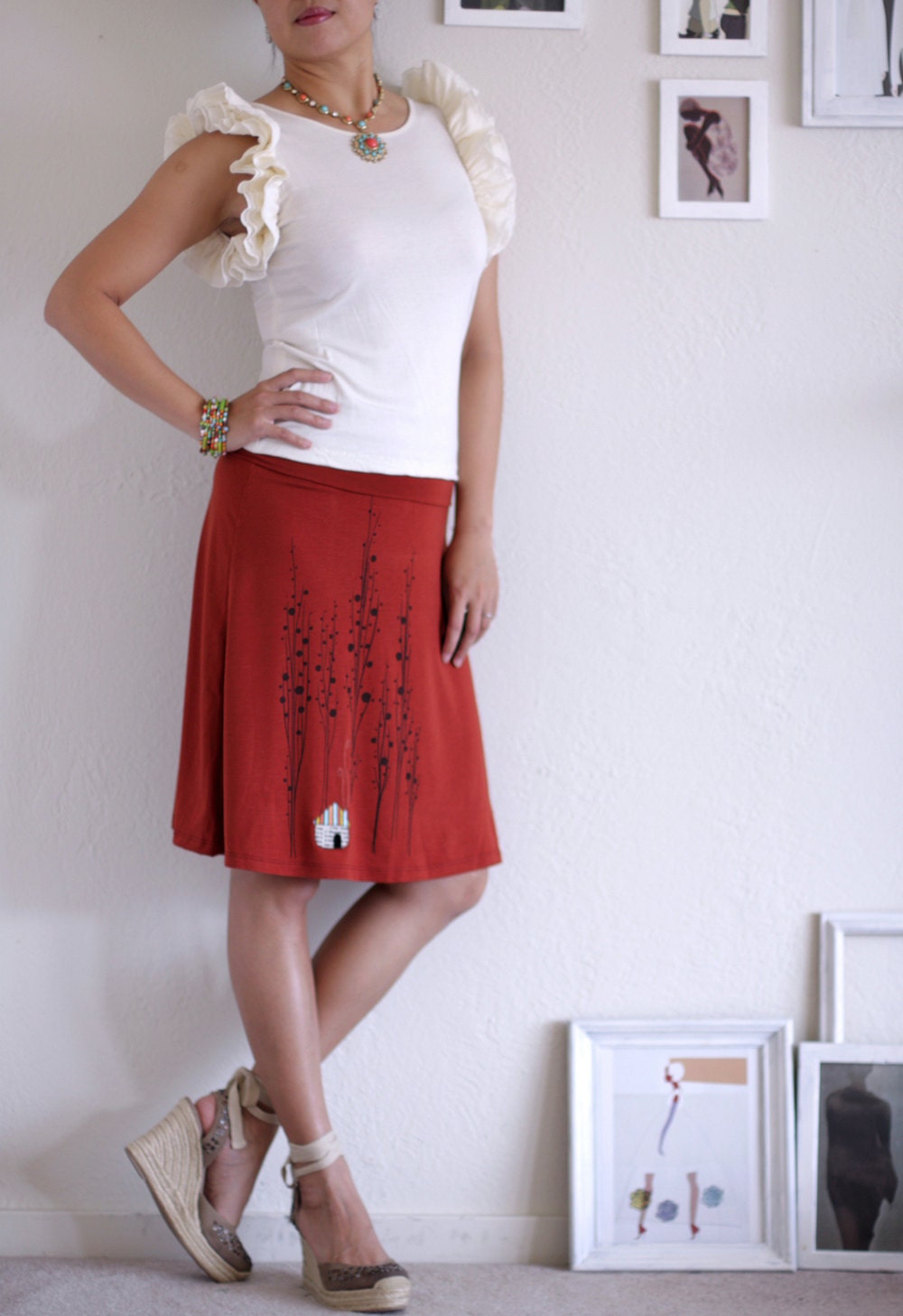 Orange Knee Length Aline Skirt . Maternity Jersey skirt