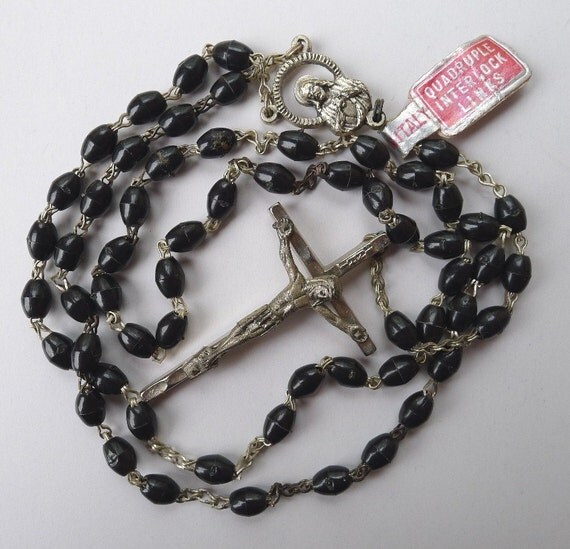 Vintage Rosary Beads Italy Black Beads Silver and Black