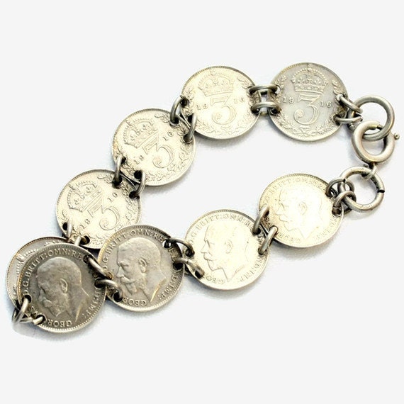 Antique Vintage Silver Coin Bracelet Threepence 1916 King
