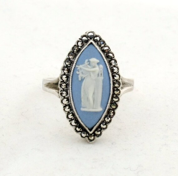 Vintage Wedgwood Blue Jasperware Ring Sterling Silver