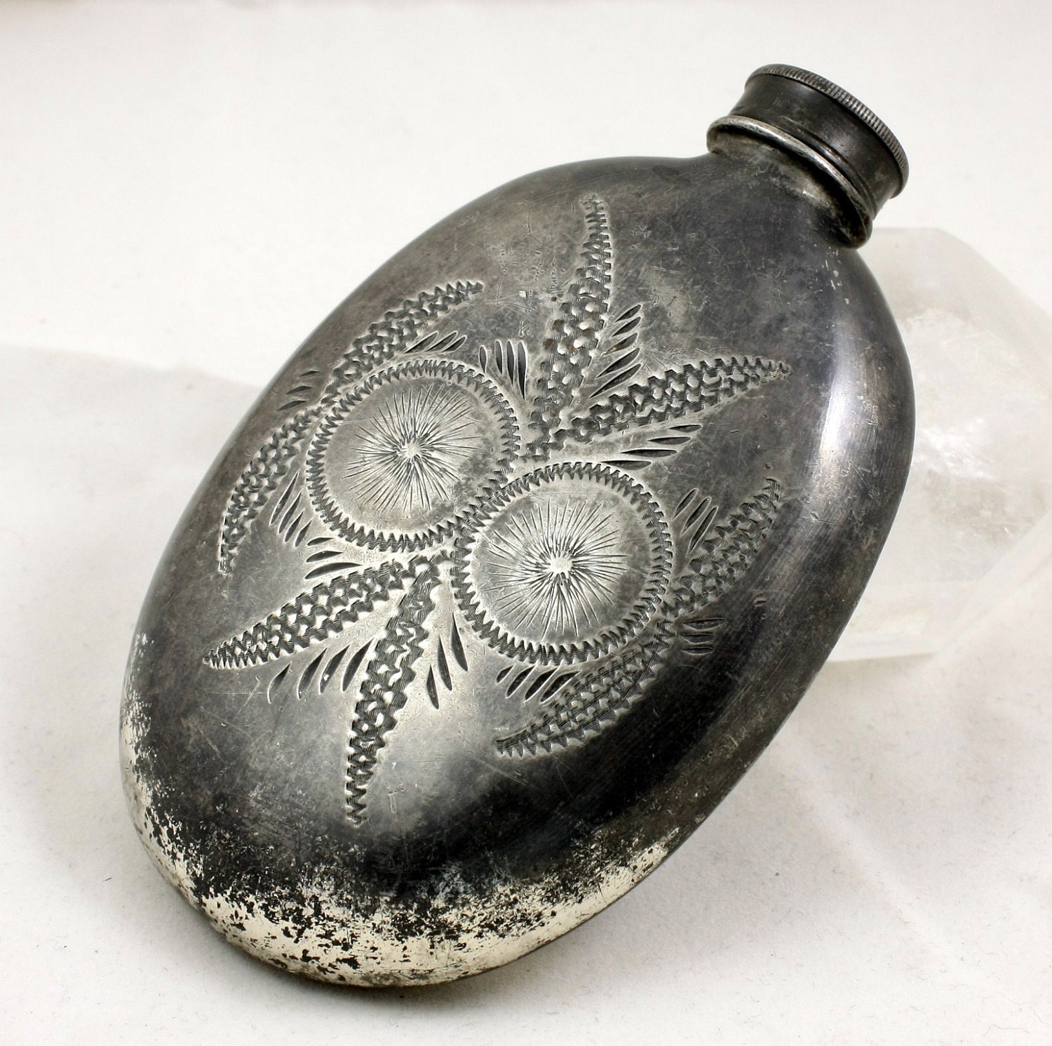 Antique Pewter Hip Flask Arts and Crafts Pocket Flask by mybooms