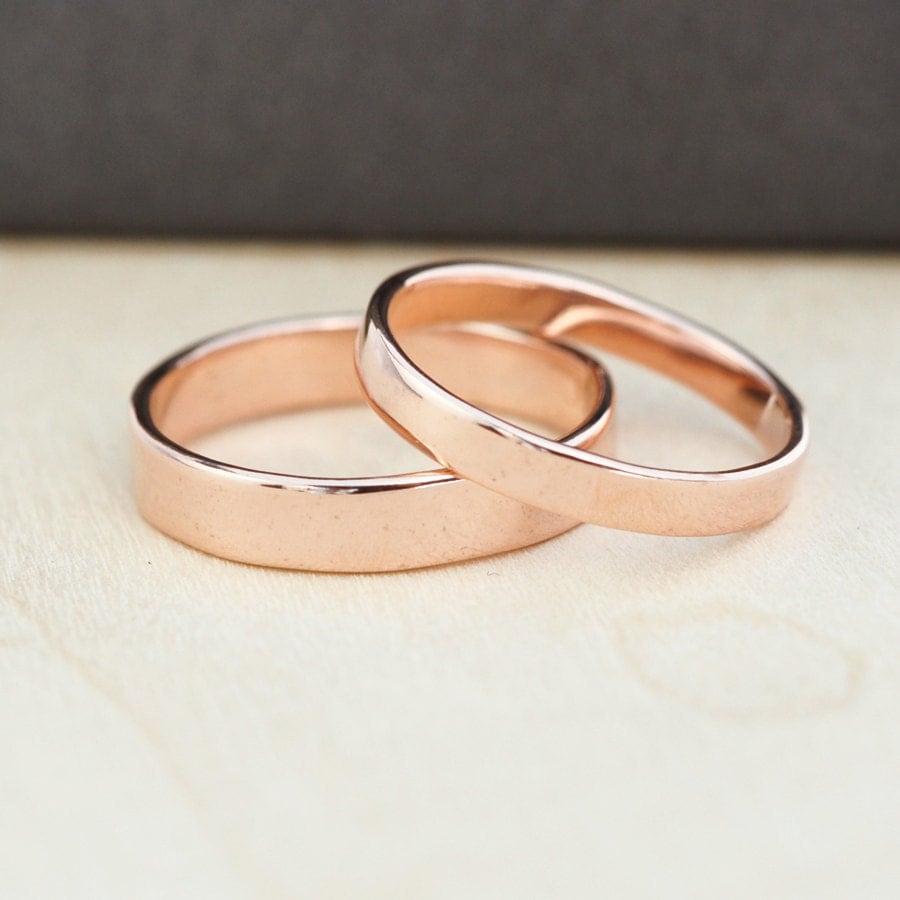  Rose  Gold  Wedding  Band  Set  Gold  Wedding  Rings  3mm and 4mm