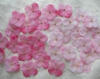 36 pc rhinestone beaded flower applique pink and hot pink baby Hydrangea petals bow