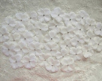36 PC Rhinestone Beaded Flower Applique Cream Ivory Baby Hydrangea Petals Bridal Christening Bow