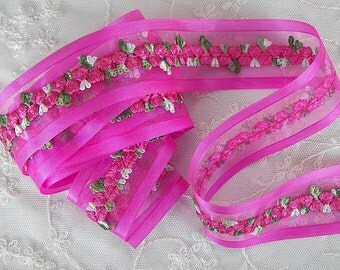 ORIGINAL DESIGN Fuchsia Pink Organza Satin Embroidered Rose Bud Ribbon Trim Scrapbook Hair Bow Sewing Couture