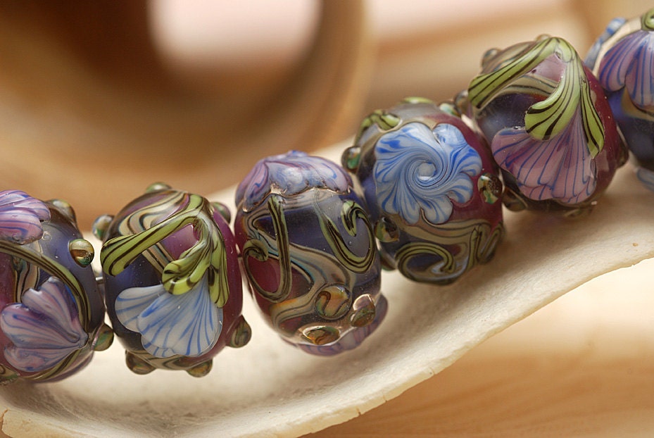Handmade Glass Lampwork Bead Set Seven Hot Pink w/Purple