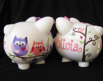 piggy bank hand painted personalized pink and purple dena owl