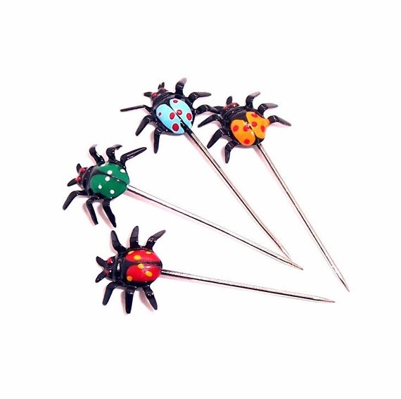 Vintage SPIDER or Lady Bug Stick PINS 8. sewing by TheThinVeil
