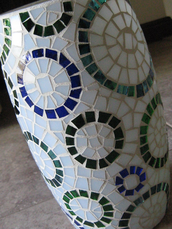 Stained Glass Mosaic Vase in White Blue & Green