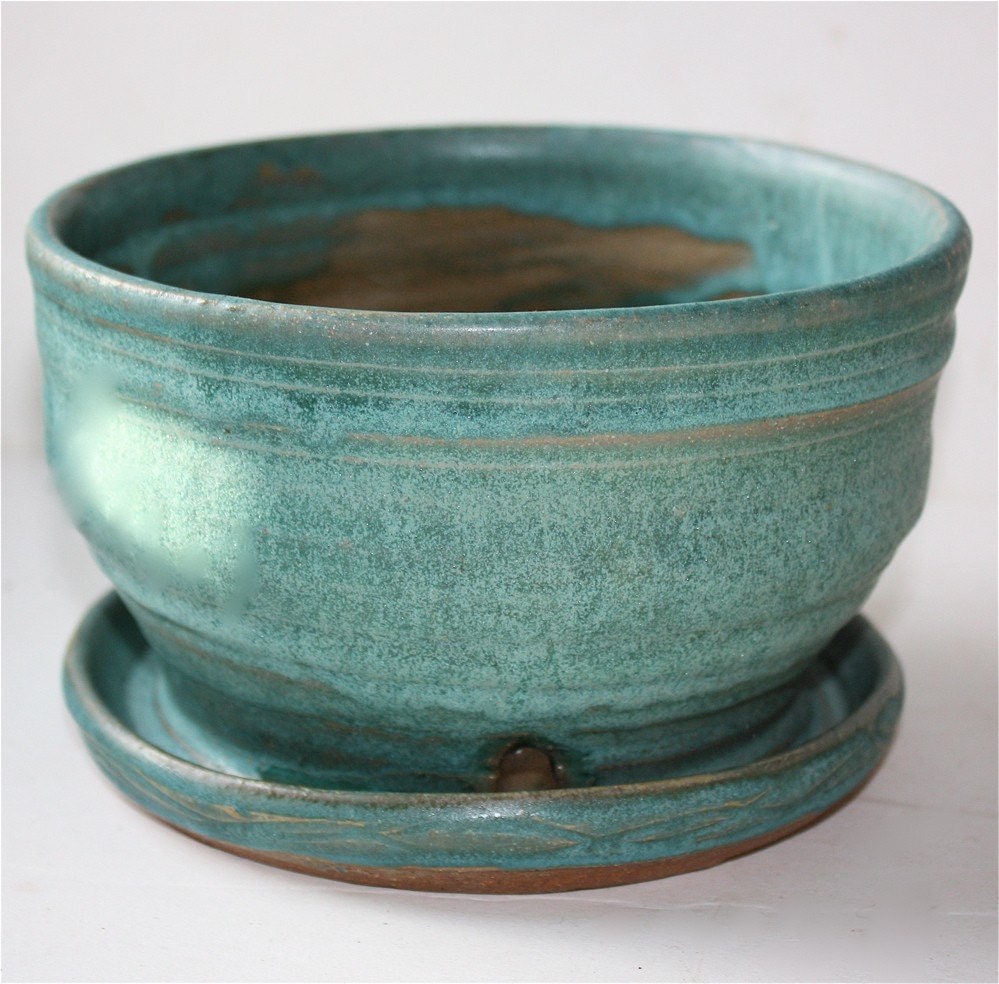 Aqua Stoneware Planter Four by Six and a Half Inches