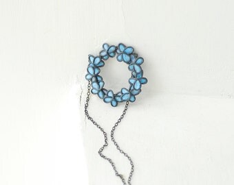 Blue Forget Me Not Flower Circle Necklace Sterling Silver, 1st Anniversary Paper Jewelry Long Distance Best Friend Relationship Girlfriend