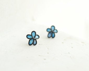 Pale Blue Forget Me Not Stud Post Aqua Blue Earrings, 1st Anniversary Gift Paper Jewelry, Wedding Oxidized Sterling Silver Best Friend Gift