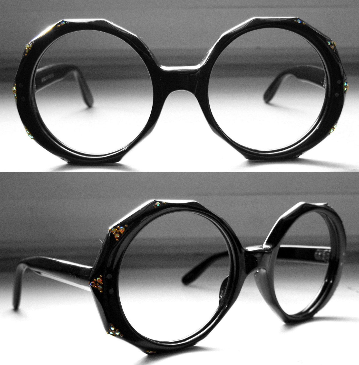 1960's Vintage Large Round Black Rhinestone Eyeglass