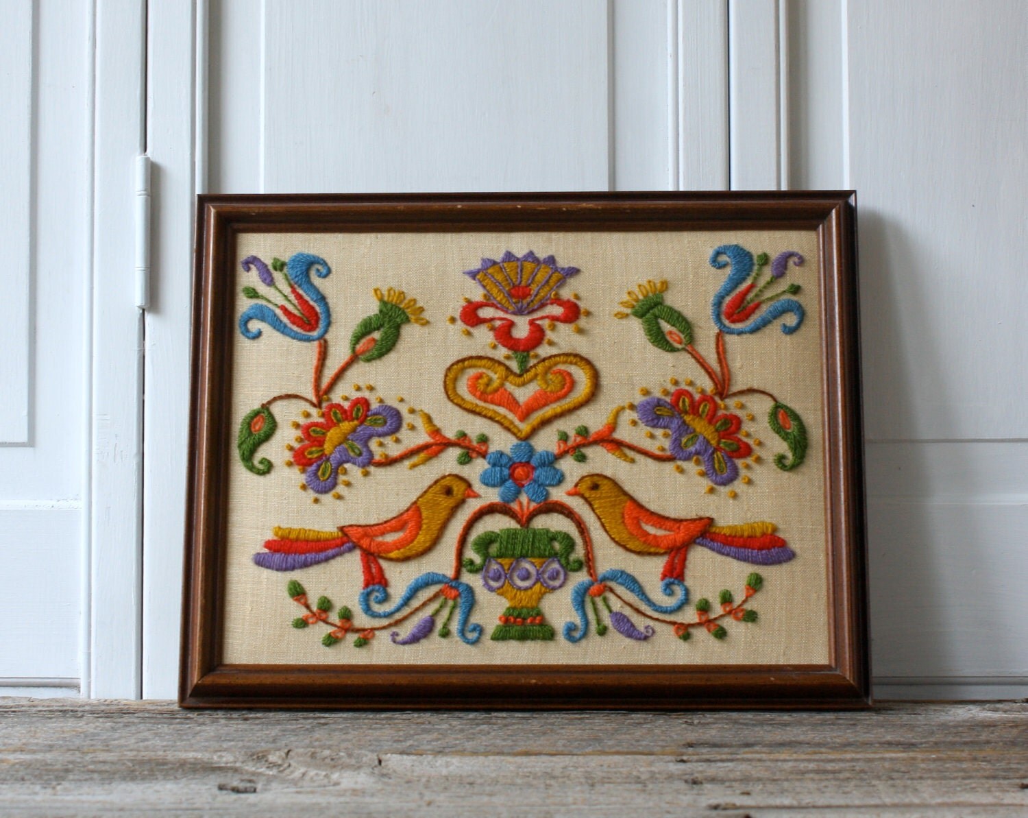 Vintage Folk Art Framed Crewel Work