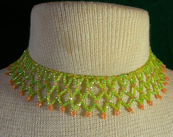 Netted Weave Beaded Choker Lime Green Orange Adjustable Length OlyTeam